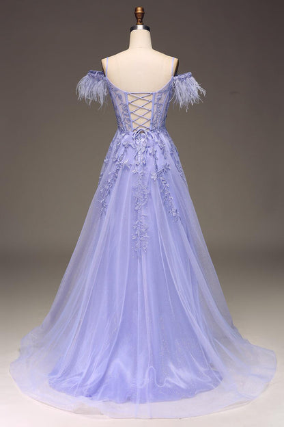 Straps Blue Sheer Appliques A-line Long Dress