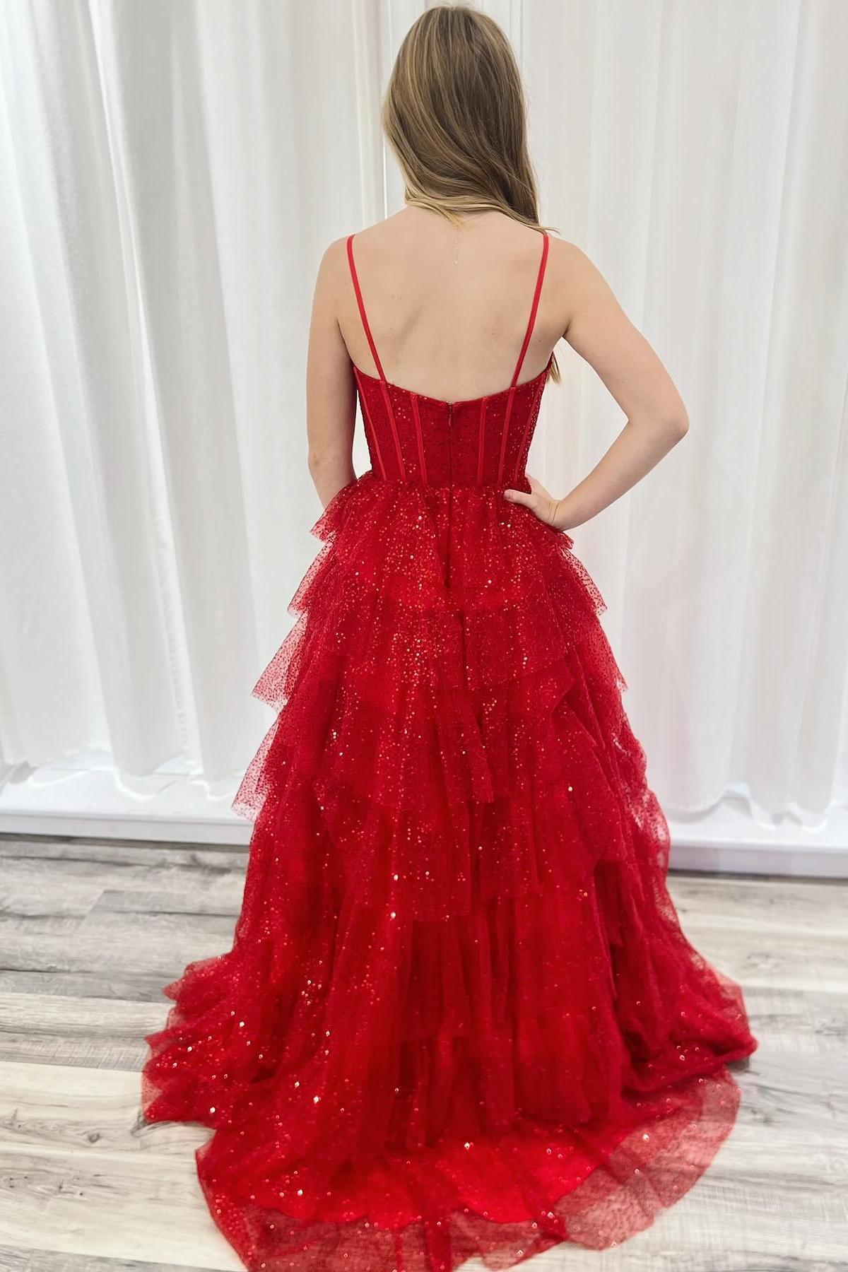 Spaghetti Straps Red Tulle Tiered Ruffle Ball Gown