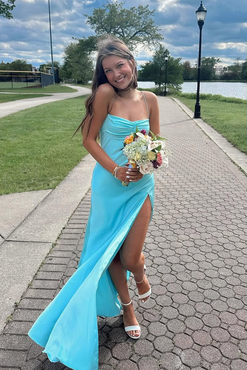 Sheath Spaghetti Straps Blue Silk Satin Prom Dress with Slit