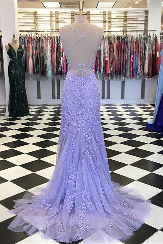 Lace Up Back Mermaid Appliques Long Evening Prom Dress