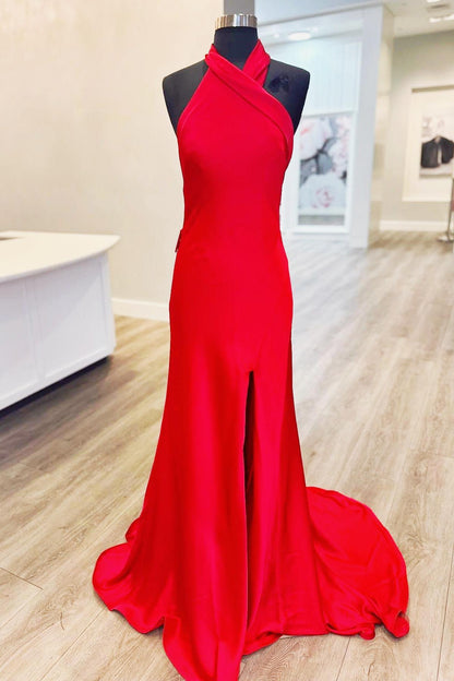Halter Red Satin Fitted Party Dress with Slit
