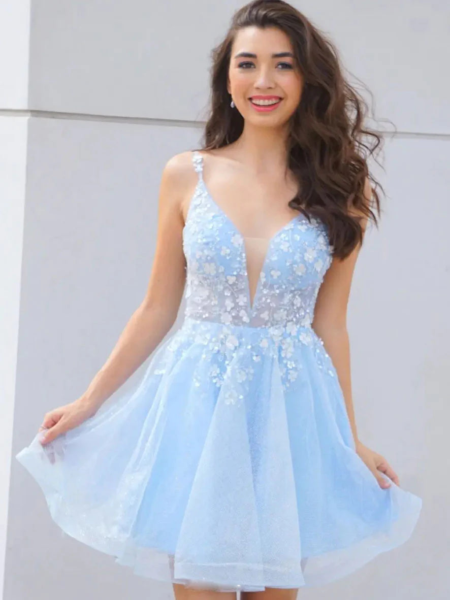 LTP1783,Light Blue A-Line Homecoming Dresses, V-Neck Floral Hoco Dress