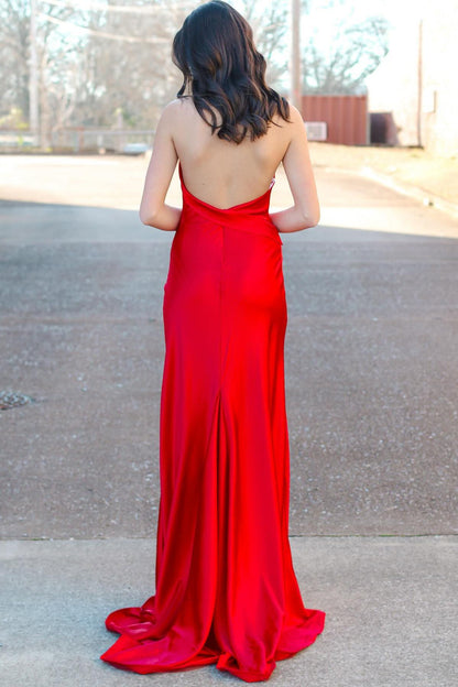 Halter Red Satin Fitted Party Dress with Slit