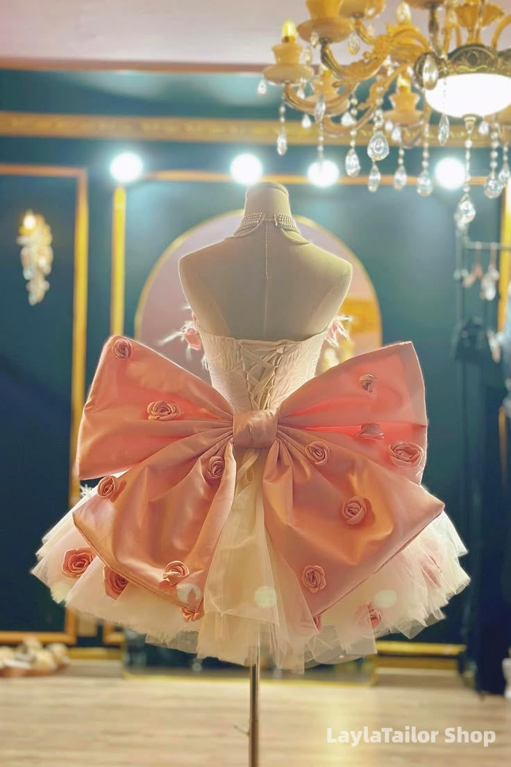 Sweet Ivory Pink Floral Homecoming Dresses With Big Bowknot