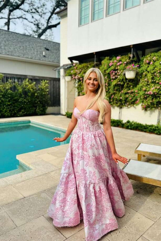 Sweetheart Pink Floral A-line Prom Gown