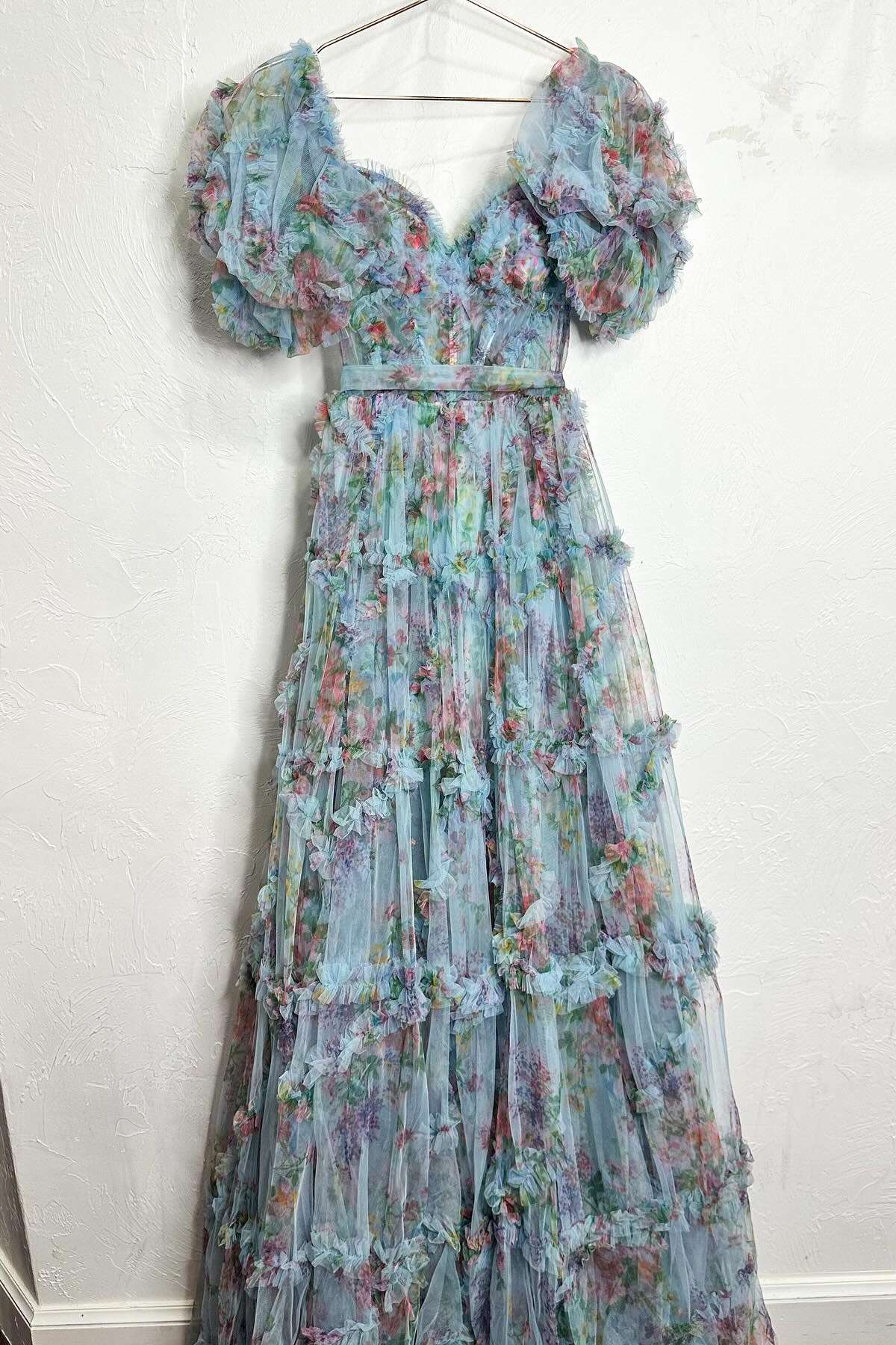 Short Pufff Sleeves Floral Ruffle A-line Prom Gown