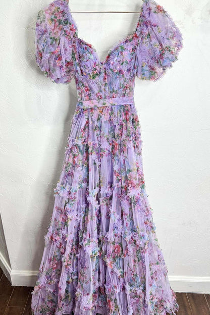 Short Pufff Sleeves Floral Ruffle A-line Prom Gown