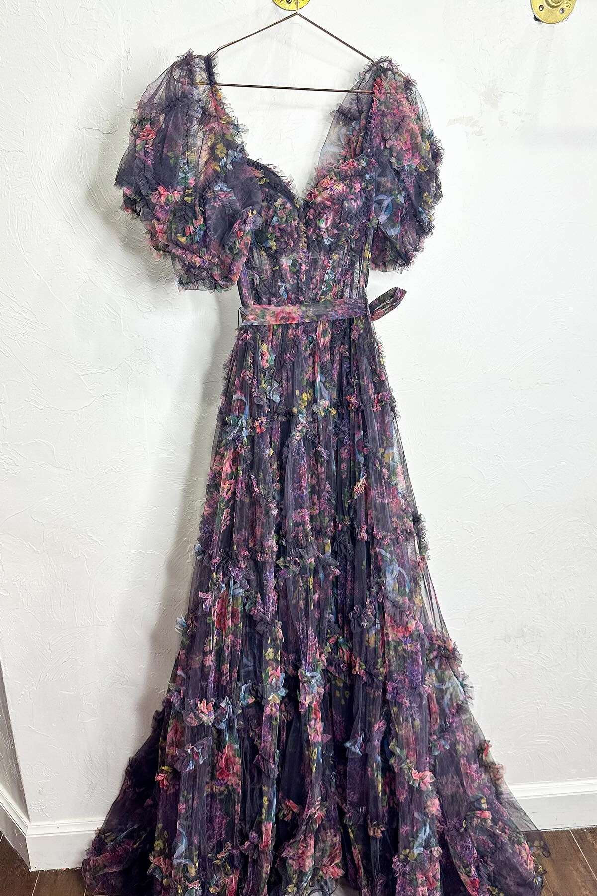 Short Pufff Sleeves Floral Ruffle A-line Prom Gown