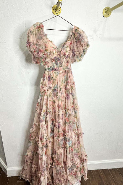 Short Pufff Sleeves Floral Ruffle A-line Prom Gown