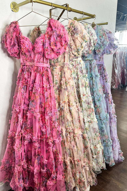 Short Pufff Sleeves Floral Ruffle A-line Prom Gown