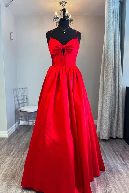 Straps Bow Front Red Satin A-line Prom Dress