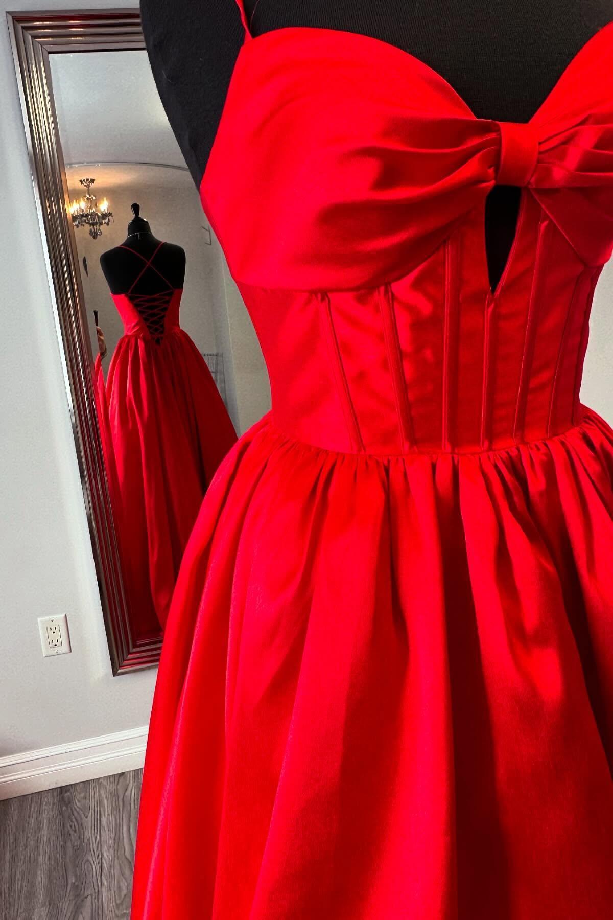 Straps Bow Front Red Satin A-line Prom Dress