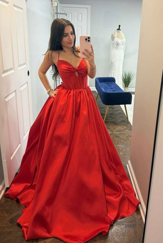 Straps Bow Front Red Satin A-line Prom Dress