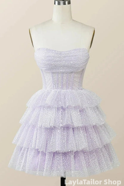 Elegant Purple Strapless A-line Short Mini Layered Tulle Homecoming Dress