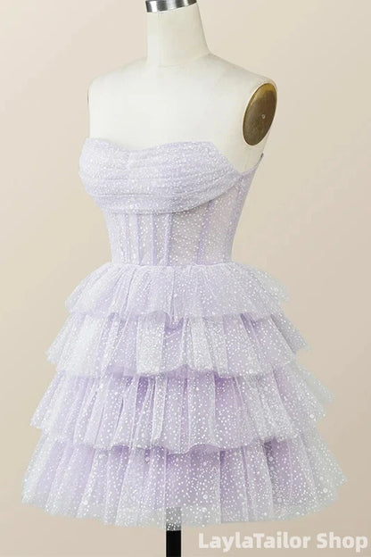 Elegant Purple Strapless A-line Short Mini Layered Tulle Homecoming Dress