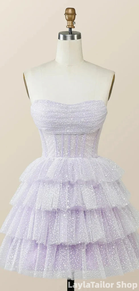 Elegant Purple Strapless A-line Short Mini Layered Tulle Homecoming Dress