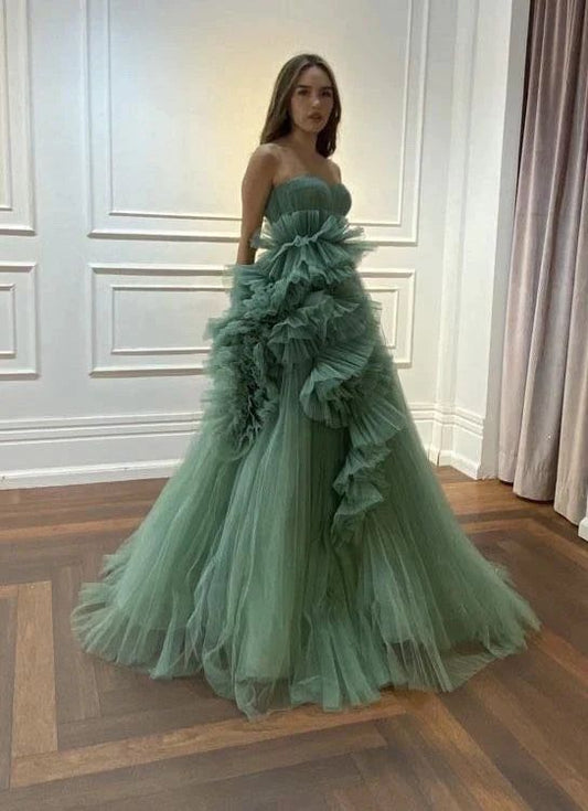 2024 Strapless Pleated Tulle A-Line Prom Evening Dress