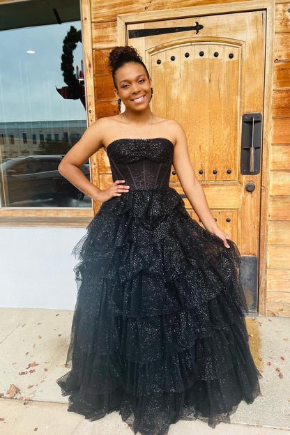 Strapless Black Tulle Tiered Ruffle Dress