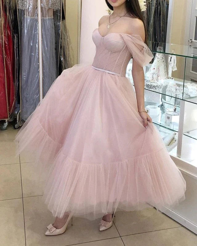 LTP1789,Light Pink Tulle Homecoming Dresses, Off The Shoulder Ankle Length Celebration Dress