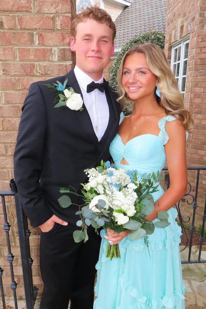 Trenidng A Line Sweetheart Blue Long Prom Dress with Ruffles