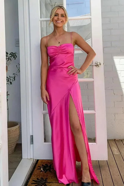 Trendy Sheath Spaghetti Straps Red Long Party Dress with Split Front