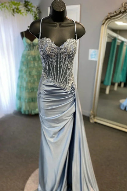 Gorgeous Mermaid Spaghetti Straps Silver Glitter Prom Dress with Split Slit