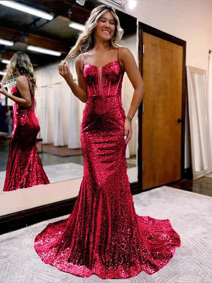 Spaghetti Straps Mermaid Sequins Long Evening Prom Dress