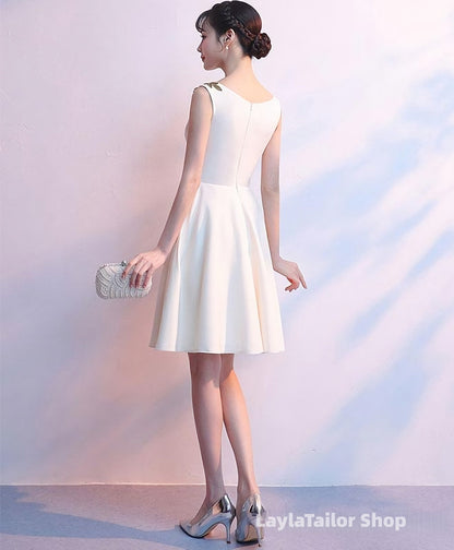 Simple White Satin Applique Short Prom Dress Cute Homecoming Dress