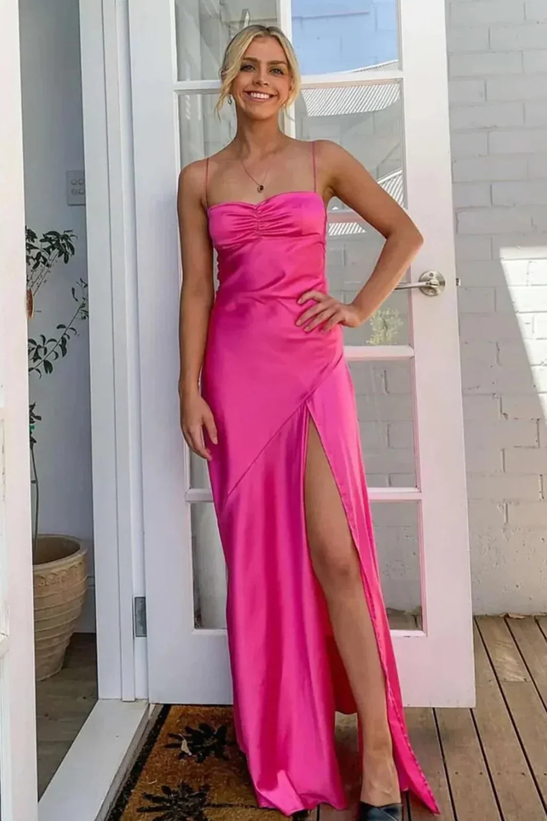Stylish Sheath Spaghetti Straps Pink Party Dress with Criss Cross Back
