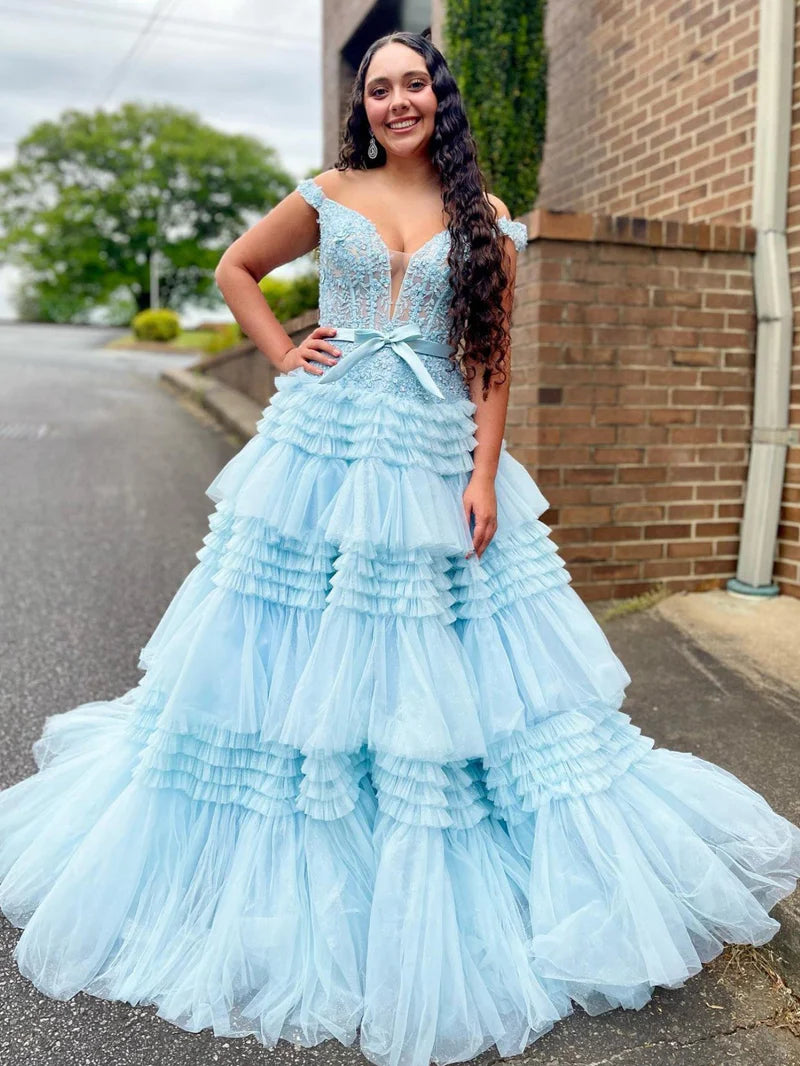 Princess Off The Shoulder Tiered Long Prom Dress