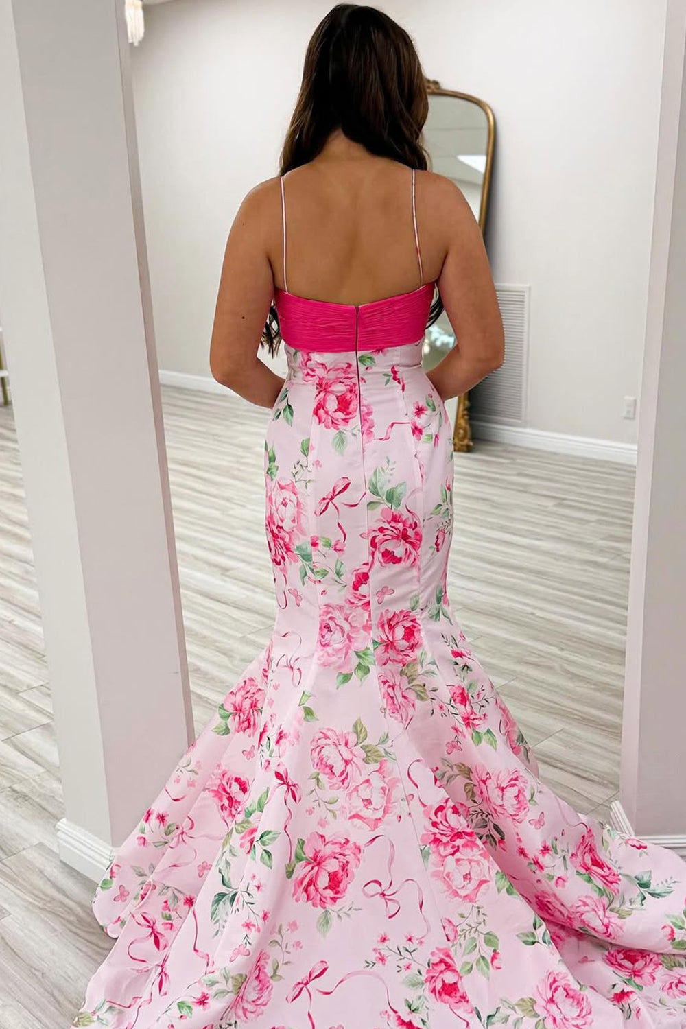 Mermaid V Neck Pink Floral Satin Prom Dress with Beading