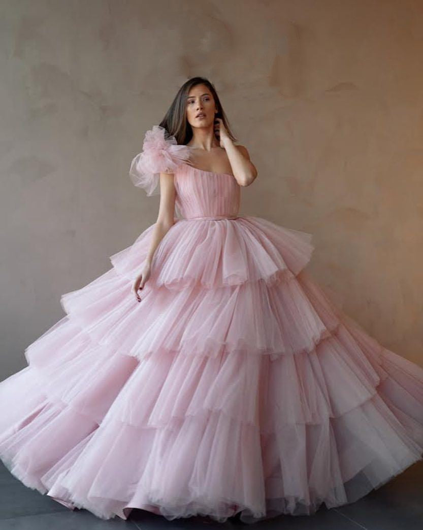 Light Pink One Shoulder Tulle Evening Prom Dress