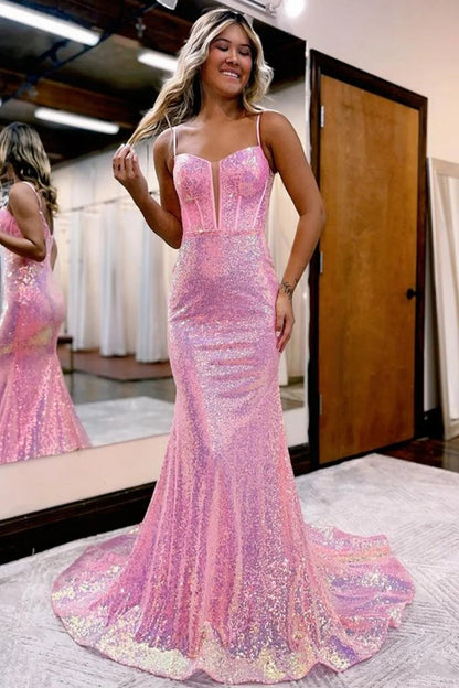 Spaghetti Straps Mermaid Sequins Long Evening Prom Dress