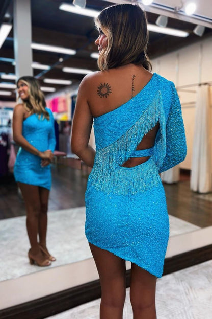 One Shoulder Sequin Bodycon Tassel Homecoming Dress