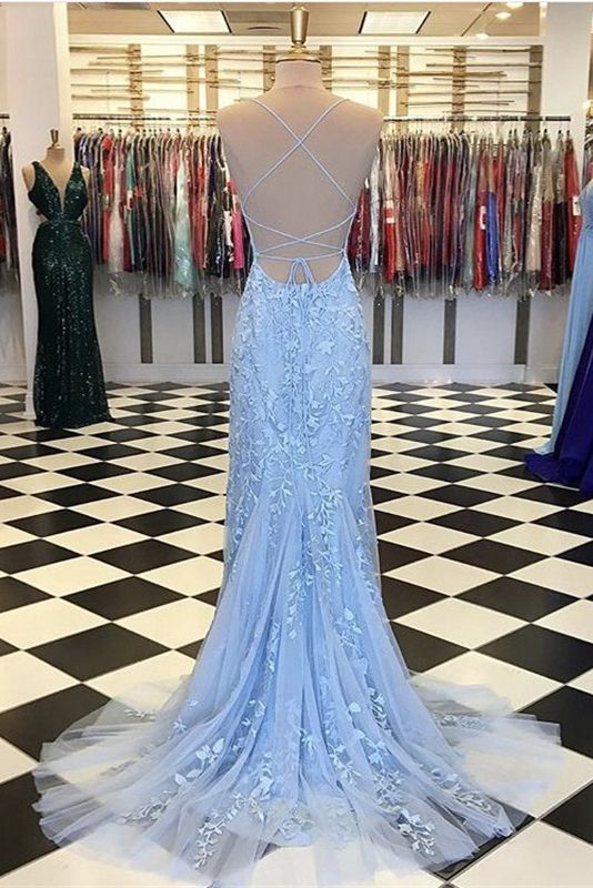 Lace Up Back Mermaid Appliques Long Evening Prom Dress