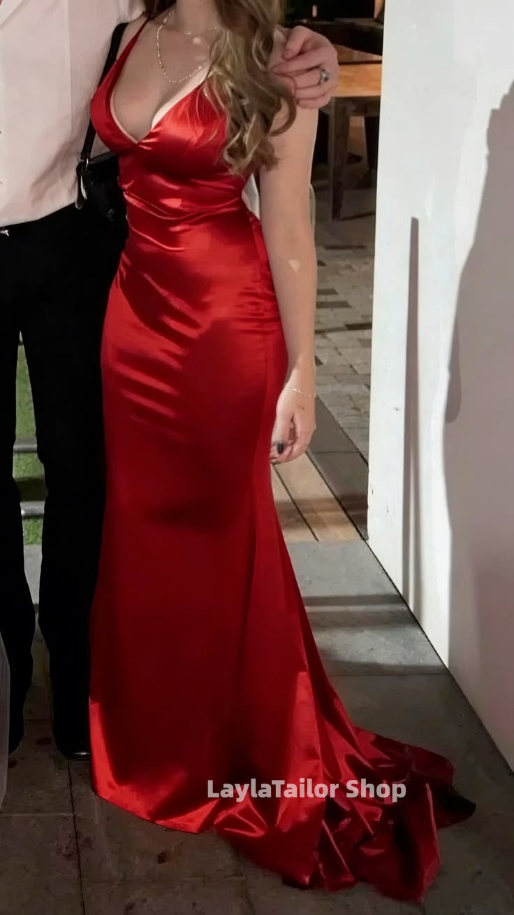 Chic Halter Mermaid Prom Dresses Long Satin V-Neck Evening Formal Dress,LTP4502