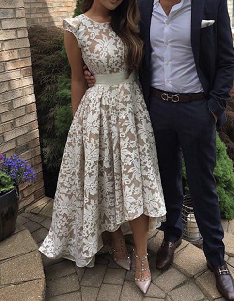 LTP1888,Charming White Champagne Lace High Low Homecoming Dresses