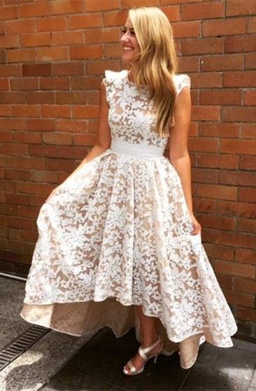 LTP1888,Charming White Champagne Lace High Low Homecoming Dresses