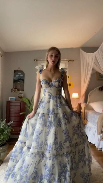 Beautiful Floral Print Chiffon Long Prom Dresses Evening Dress
