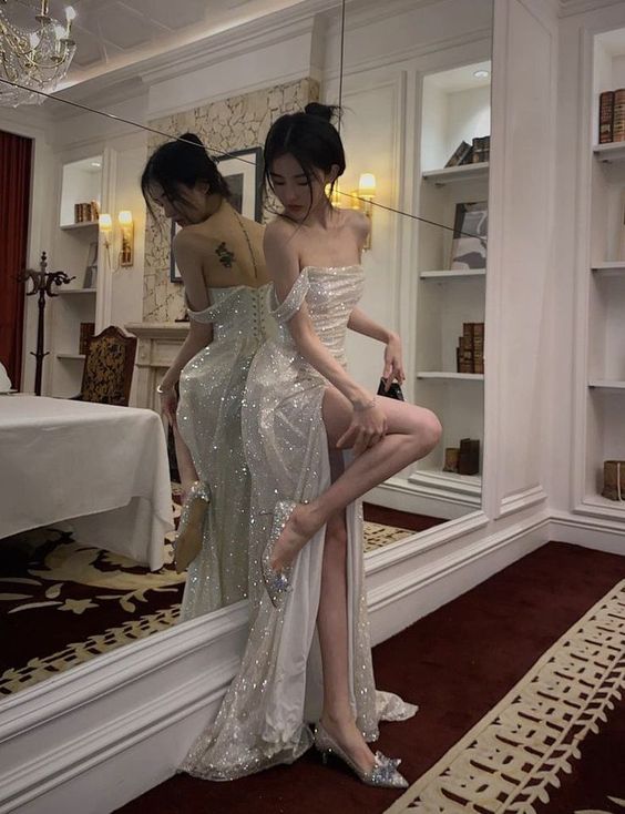 Shinny High Slit  Women Formal Evening Party Prom Gowns
