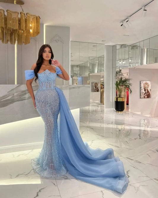 Sky Blue Bodycon Sequin Long Prom Evening Dress With Organza Sash