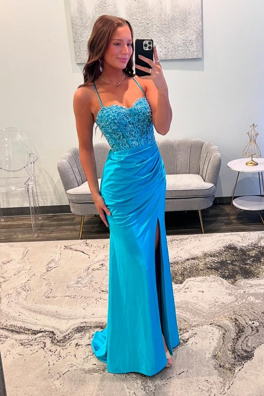 Straps Blue Lace Appliques and Satin Fitted Long Prom Dress