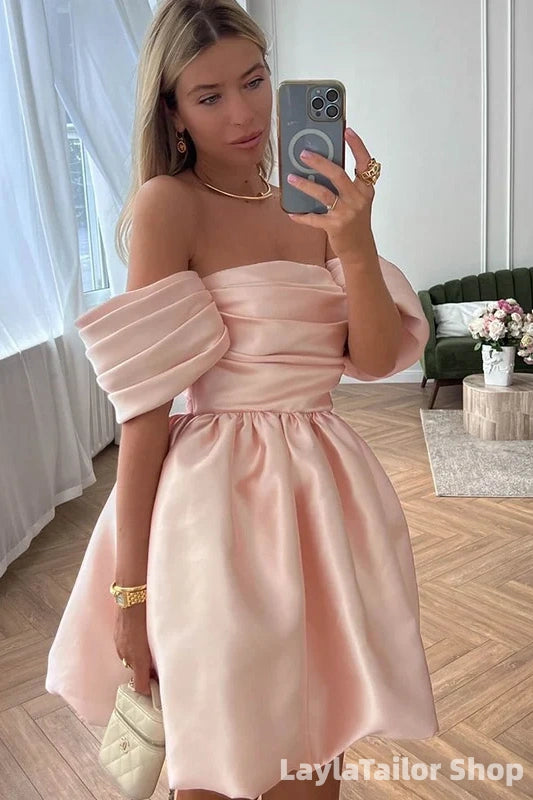 Off The Shoulder Blush Pink Satin Pleated Short Mini Homecoming Dress