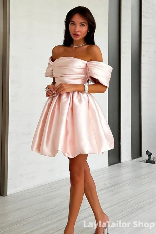 Off The Shoulder Blush Pink Satin Pleated Short Mini Homecoming Dress