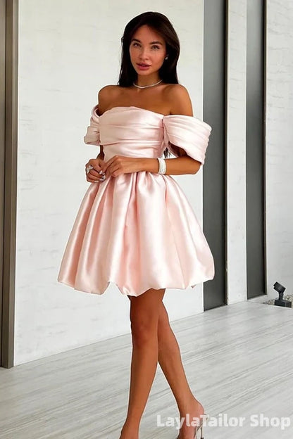 Off The Shoulder Blush Pink Satin Pleated Short Mini Homecoming Dress