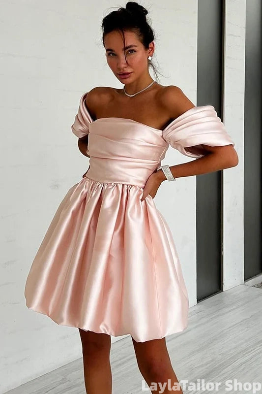 Off The Shoulder Blush Pink Satin Pleated Short Mini Homecoming Dress