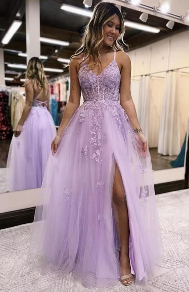 Lilac Appliques V-Neck Tulle Long Prom Dress