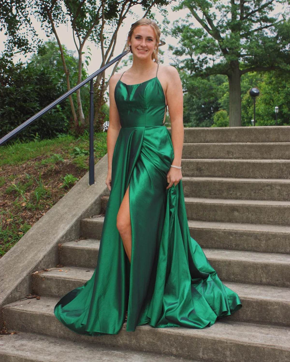 Green A-Line Satin Long Evening Prom Dress