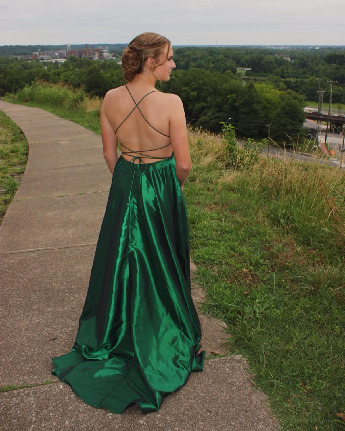 Green A-Line Satin Long Evening Prom Dress