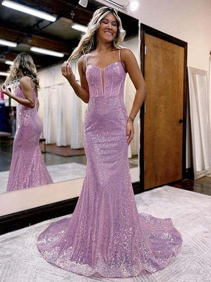 Spaghetti Straps Mermaid Sequins Long Evening Prom Dress